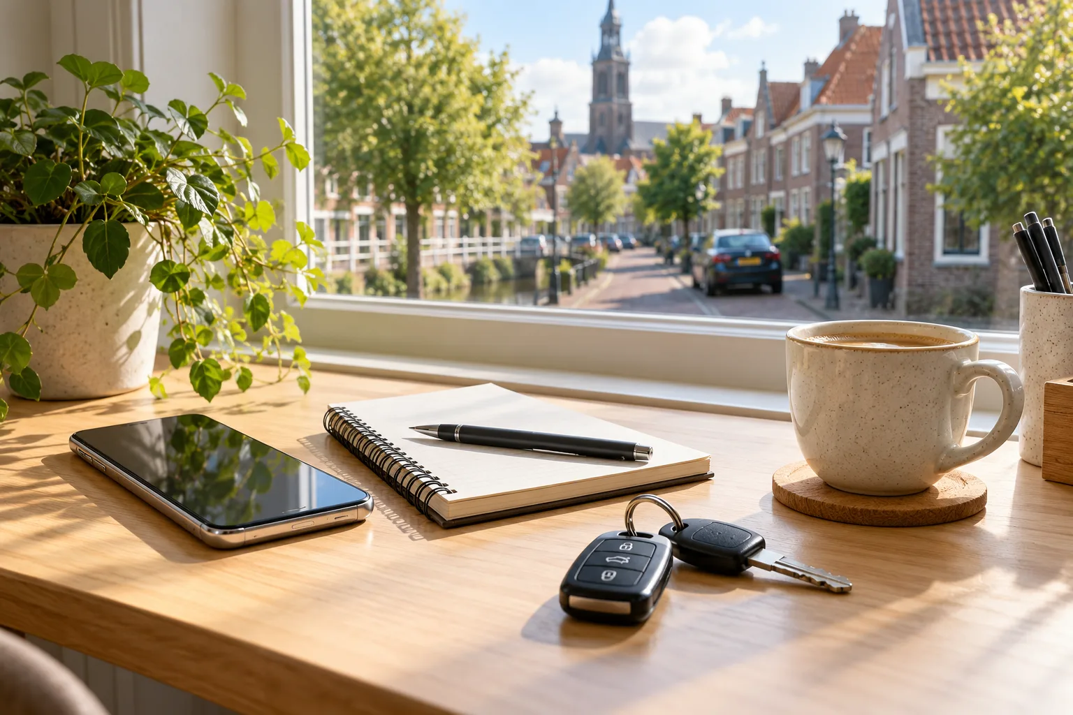Telefoon en notitieboek voor contact met de rijschool