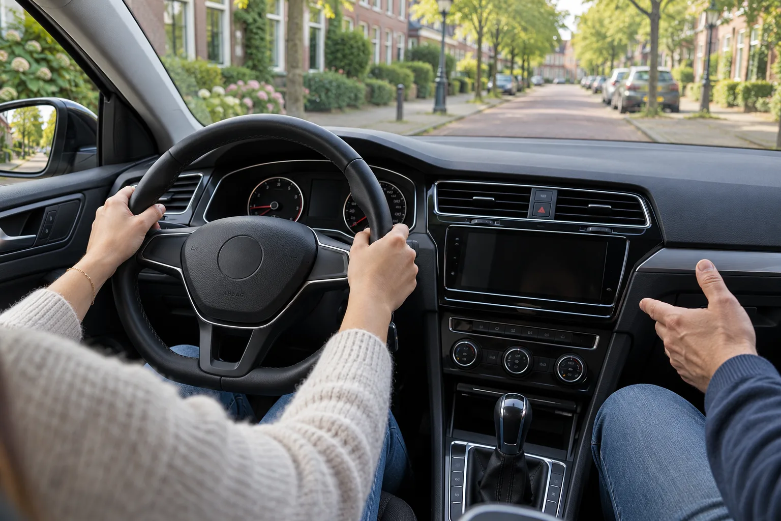 Illustratief beeld van handen aan het stuur tijdens een rijles