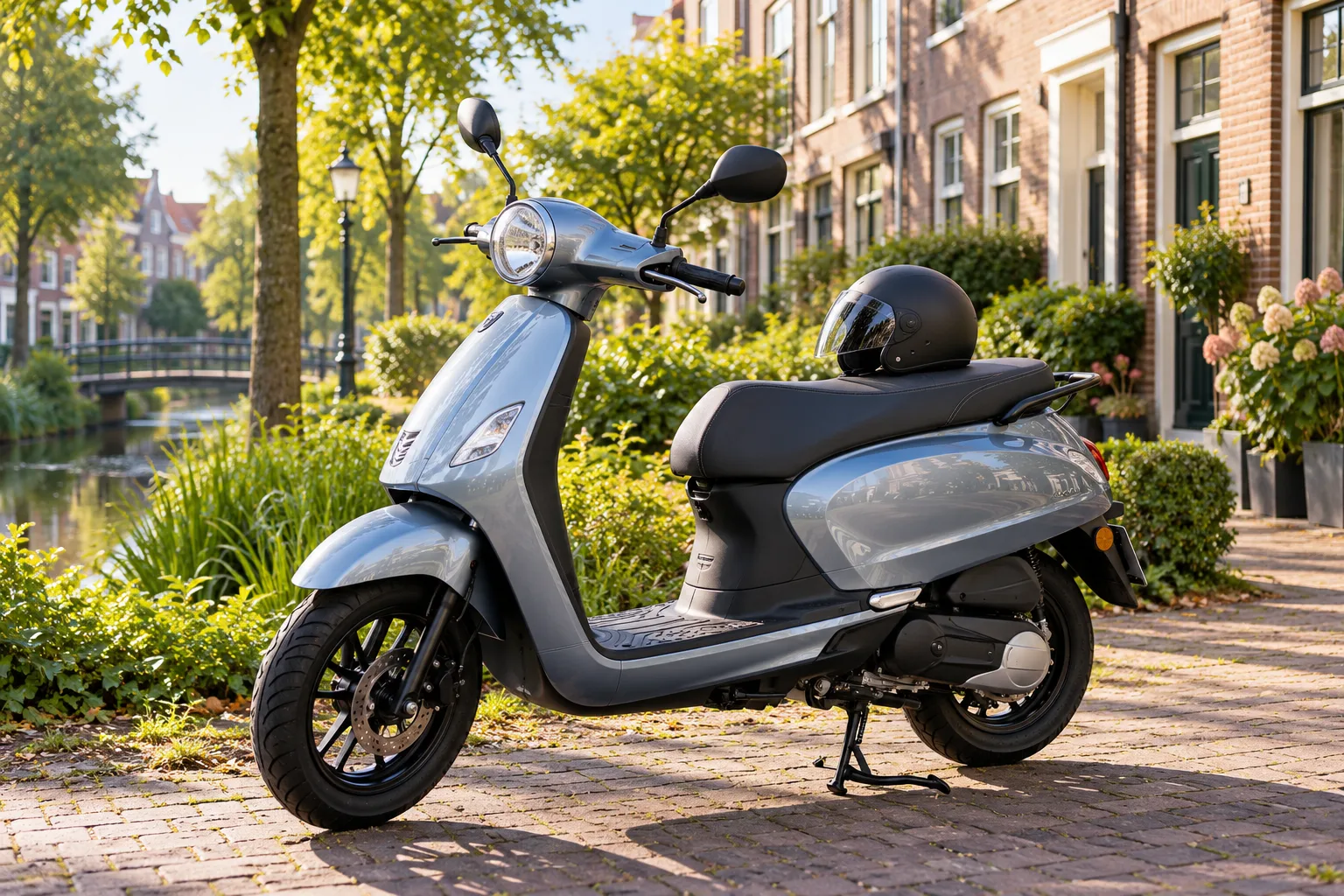 Illustratief beeld van een scooter langs een Nederlandse gracht