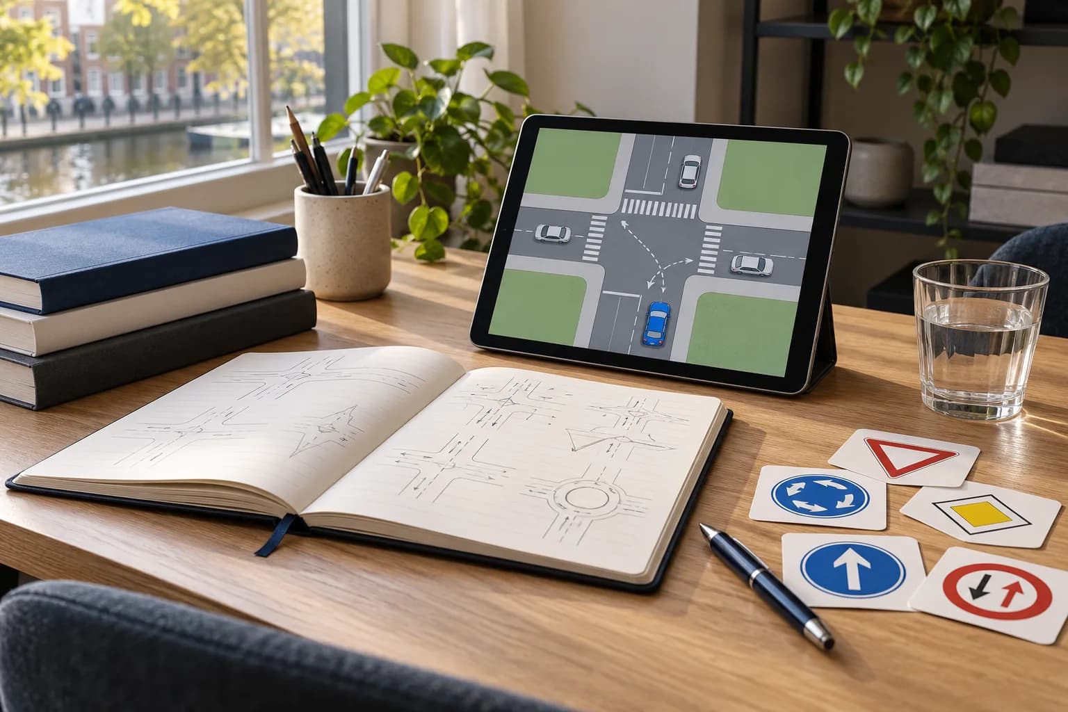 Illustratief beeld van een tablet, notities en verkeersborden ter voorbereiding op de theorie